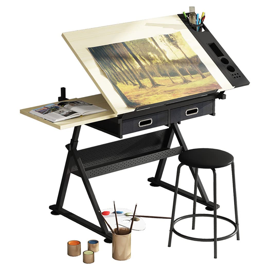 NGDFGR Easel Drawing Table Drafting Desk,Adjustable Drafting Table With Stool,2 Drawers Drawing Table Craft Table With Metal Frame,Tiltable Art Craft Desk Painting Desk,Wood,