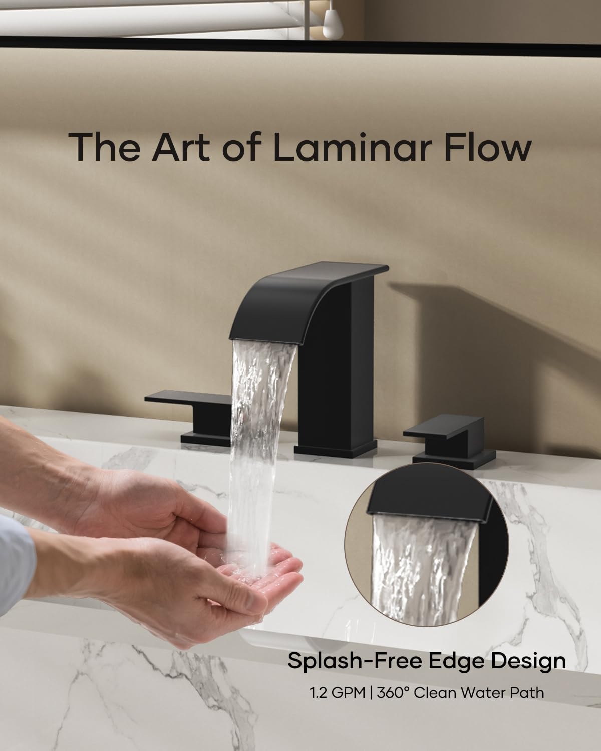 Matte Black Waterfall Bathroom Faucet 3 Hole, 8 Inch Widespread Modern 3 Piece Bathroom Sink Faucet, Touch On Lavatory Faucet for Vanity RV Restroom, Curved Spout - Image 5