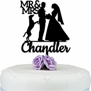 Bride and Groom and Dog Silhouette Cake Topper - PERSONALISED Acrylic Wedding Cake Topper - Mr & Mrs Cake Decoration - ANY Surname Cake Topper - Rustic Wood Wedding Topper - Anniversary