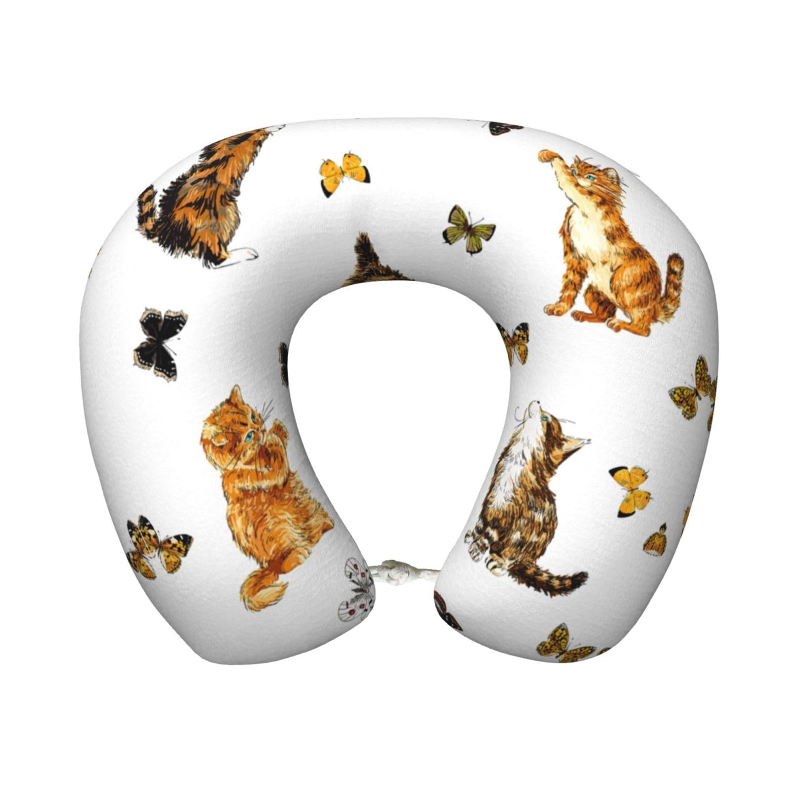 peiyeety Cat Butterfly Print Custom U-Shaped Pillow,Memory Foam Cervical Neck Travel Pillow,for Home,Camping,Travelling