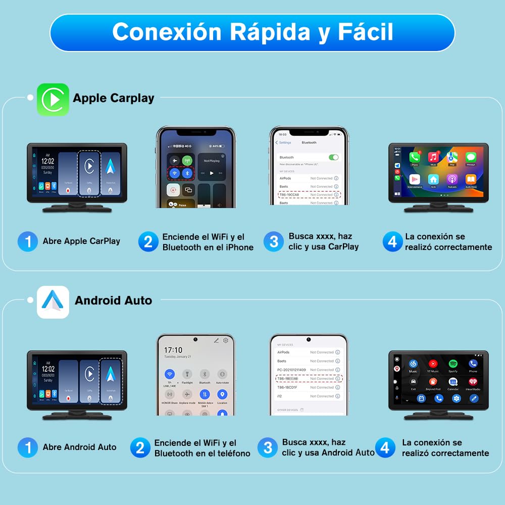 AWESAFE 9”Pantalla de Coche CarPlay/Android Auto/MirrorLink Inalámbrico, Reproductor de Pantalla Tactíl Admite 4K Dash CAM/Cámara de Trasera/Bluetooth/USB/SD/FM/Control por Voz