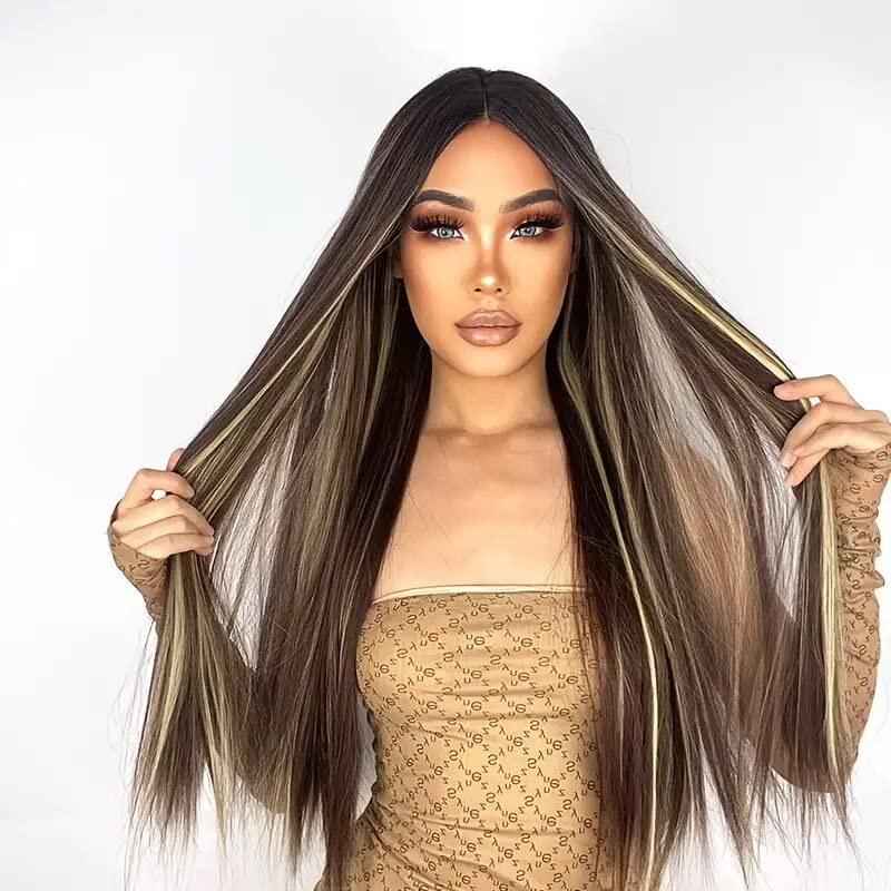25 Inch, Long Straight Brown & Blonde Highlight Synthetic Full Head wig With Middle Partition For Girls & Women