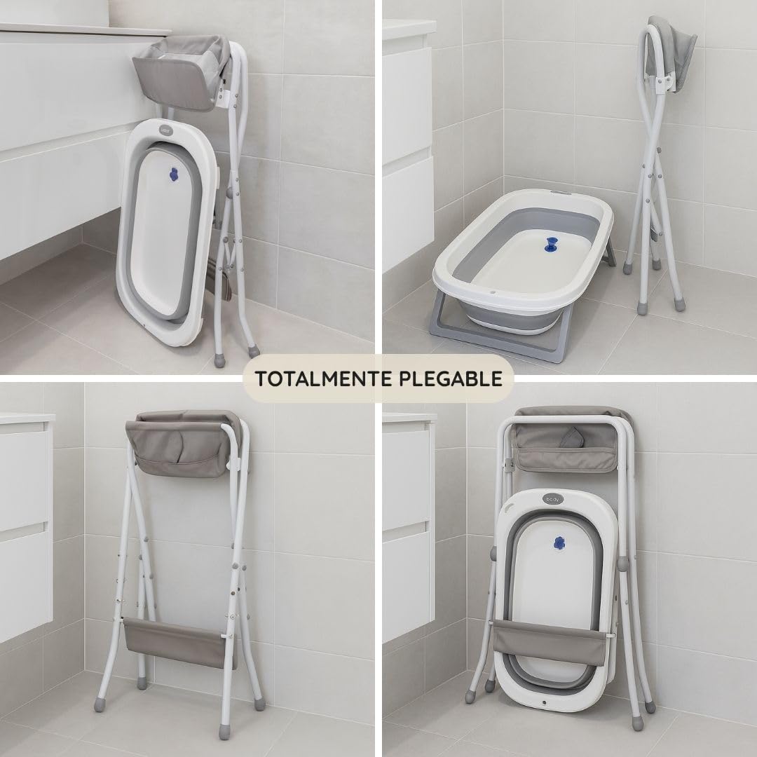 Bañera Plegable de Bebé con Soporte Patas Antideslizantes | Portátil | Tubo Desagüe | Cesta para Juguetes y Organizador para Champú | Ligera, Compacta y Segura para Baño (Gris Cojín Regadera)