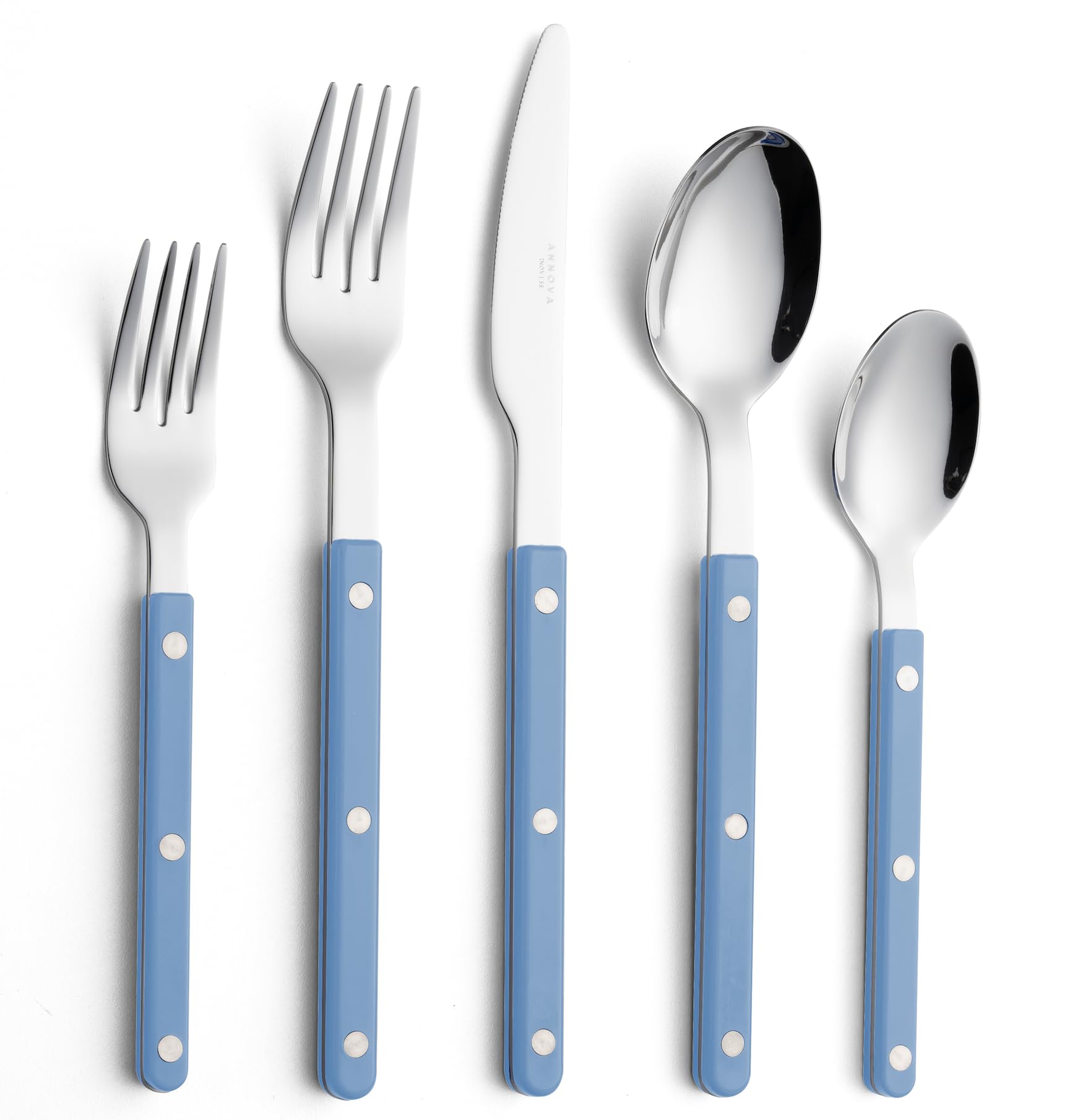 ANNOVA Juego de cubiertos, juego de cubiertos de acero inoxidable retro/rivet de colores, incluye cuchillos, tenedores, cucharas, tenedores para ensalada y cucharas para postre(Azul claro, 10 piezas)
