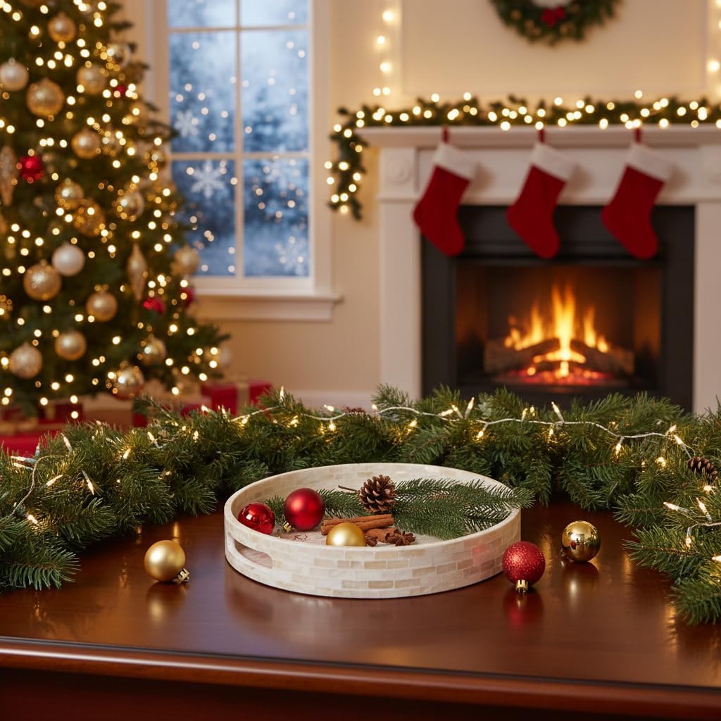 PEMAR 12.6” Mother of Pearl Round Serving Tray with Handles, Decorative Nacred Wooden Ottoman Coffee Table Tray (White Tiles) - Image 3