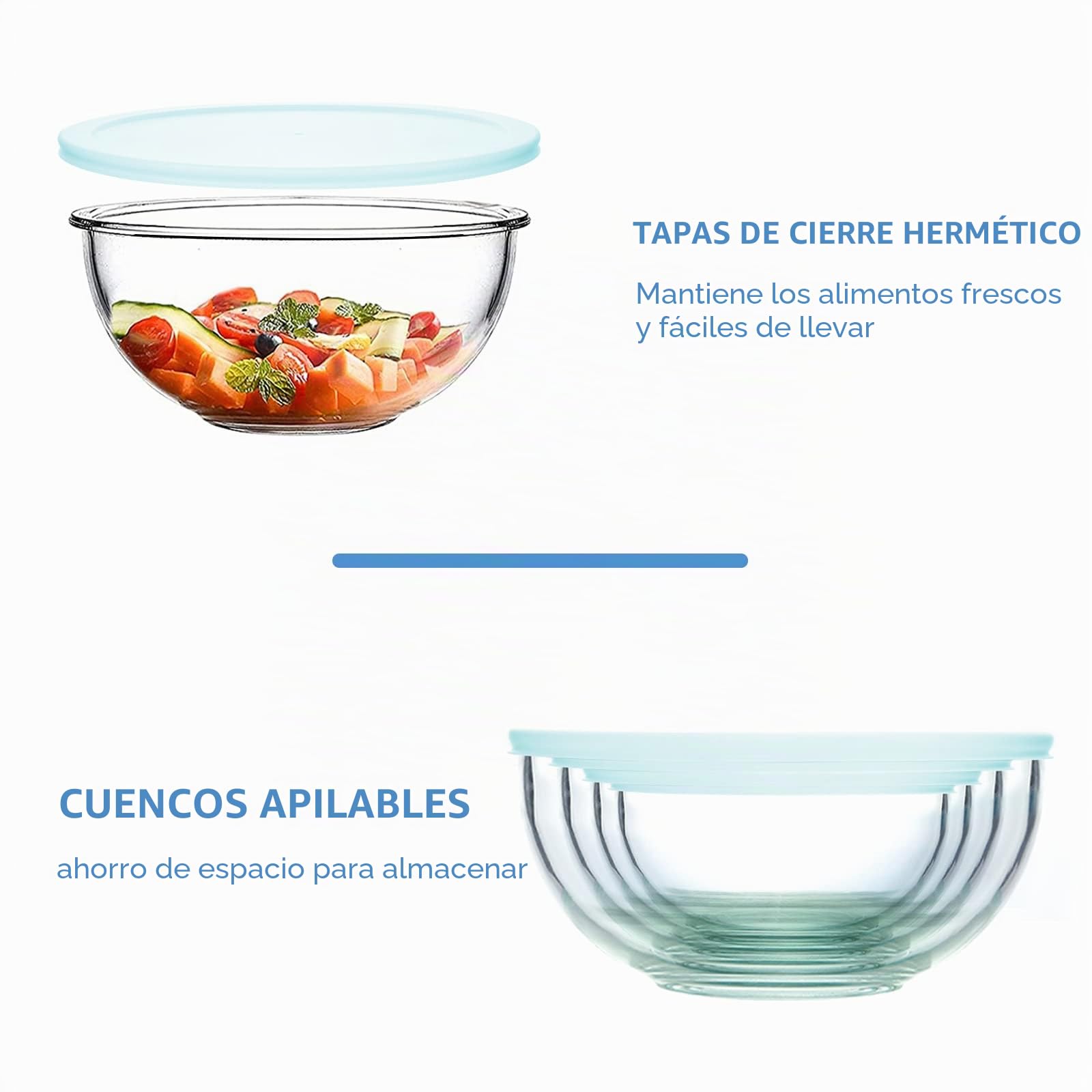 WhiteRhino Juego de 4 cuencos de vidrio con tapas, cuencos de vidrio resistentes al calor (3.7 cuartos de galón, 2.1 cuartos de galón, 1.1 cuartos de galón)