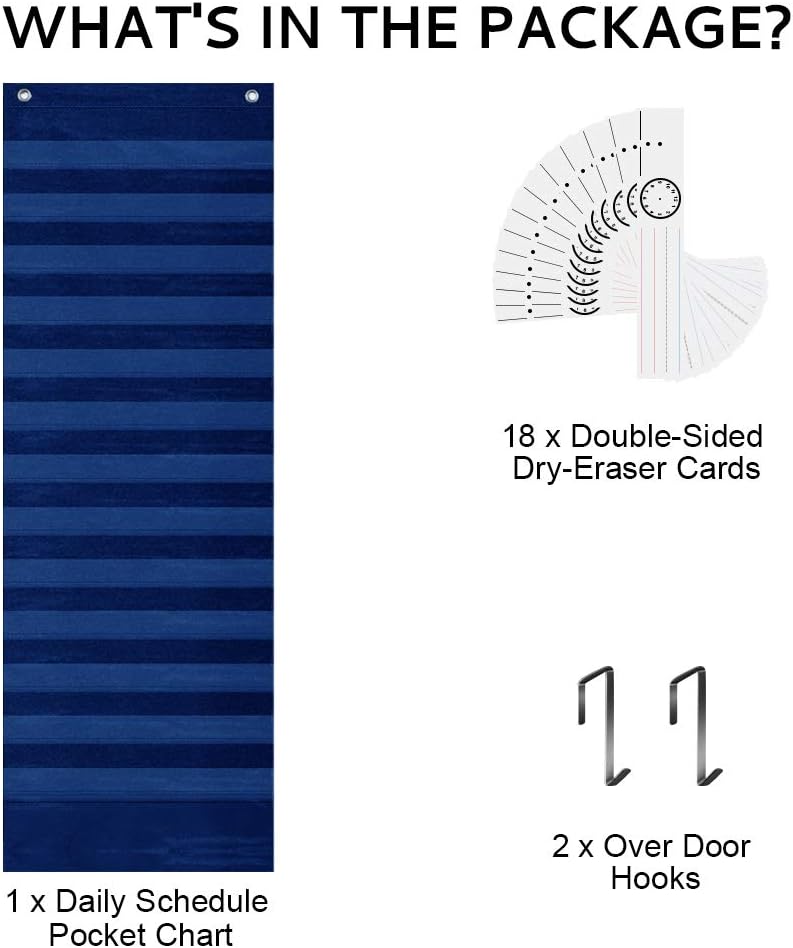 Kruideey Daily Schedule Pocket Chart, 13+1 Pocket Visual Schedule Chart, 18 Double-Sided Blank Reusable Dry-Eraser Cards, Educational Schedule Charts for Classroom Homeschooling Toddlers-Blue : Office Products