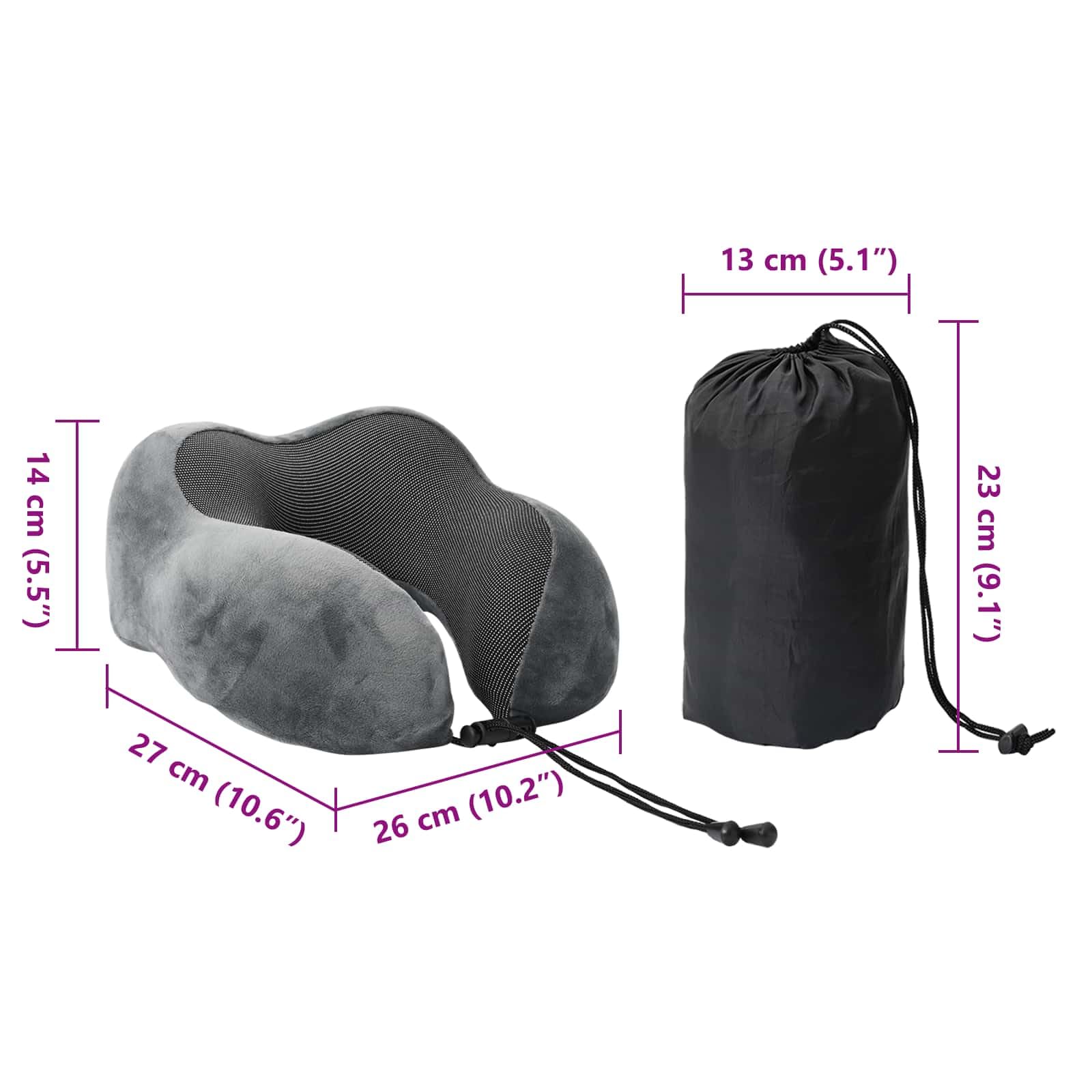 Reisekissen Nackenstuetzkissen Grau Viscoschaum 27 x 26 x 14 cm für Flugzeug Zug Auto, Memory Foam für Schlafkissen und Entspannung unterwegs
