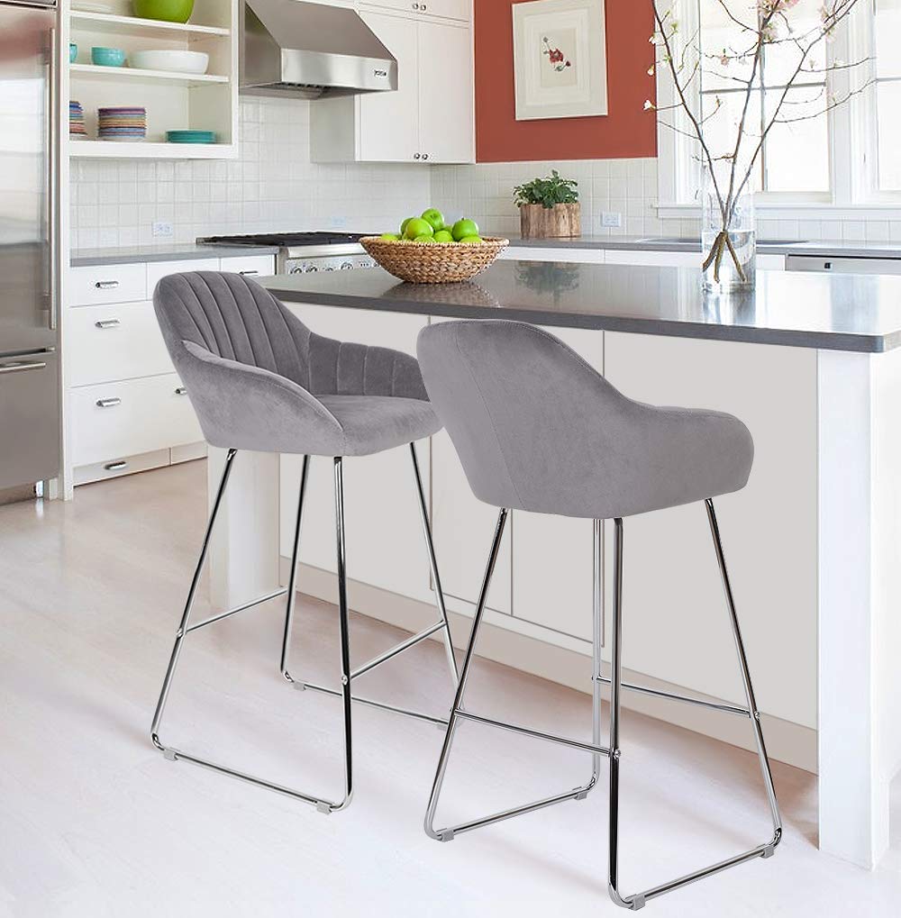 sunseen Velvet Barstools Home Bar Chairs Modern Upholstered Velour Counter Height Chair Side Dining Chairs with Metal Legs for Kitchen Dining Room Restaurant Pub Coffee (Set of 2, Gray)