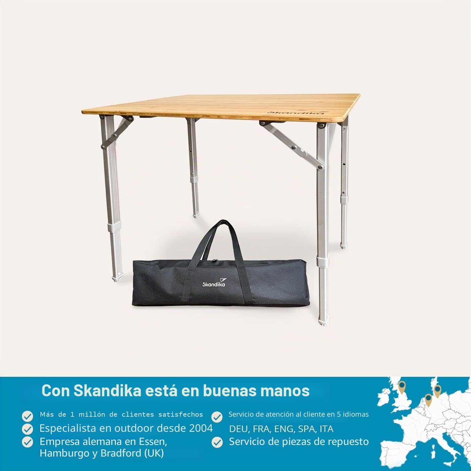 skandika Tolja | Mesa de Camping de bambú Plegable, Estante de Rejilla, Varios tamaños, Regulable en Altura en 3 Posiciones, Aluminio, Madera, Resistente a la Intemperie (65 x 50 x 65 cm)