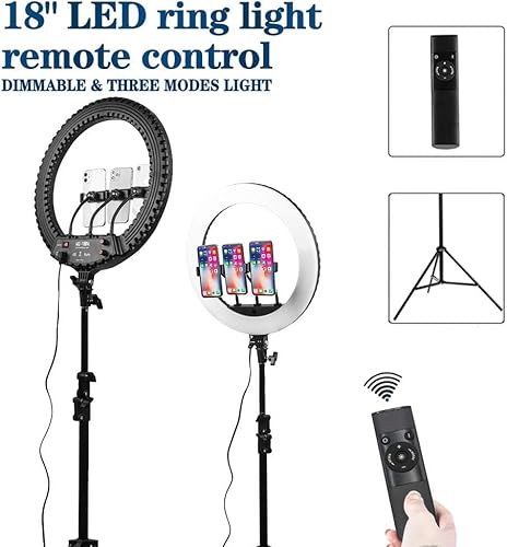 18-inch LED Ring Light with Adjustable Tripod Stand – 3 Light Modes, USB Powered, Wireless Remote Control, Perfect for Makeup, YouTube, Vlogging, Live Streaming, and Photography – Black