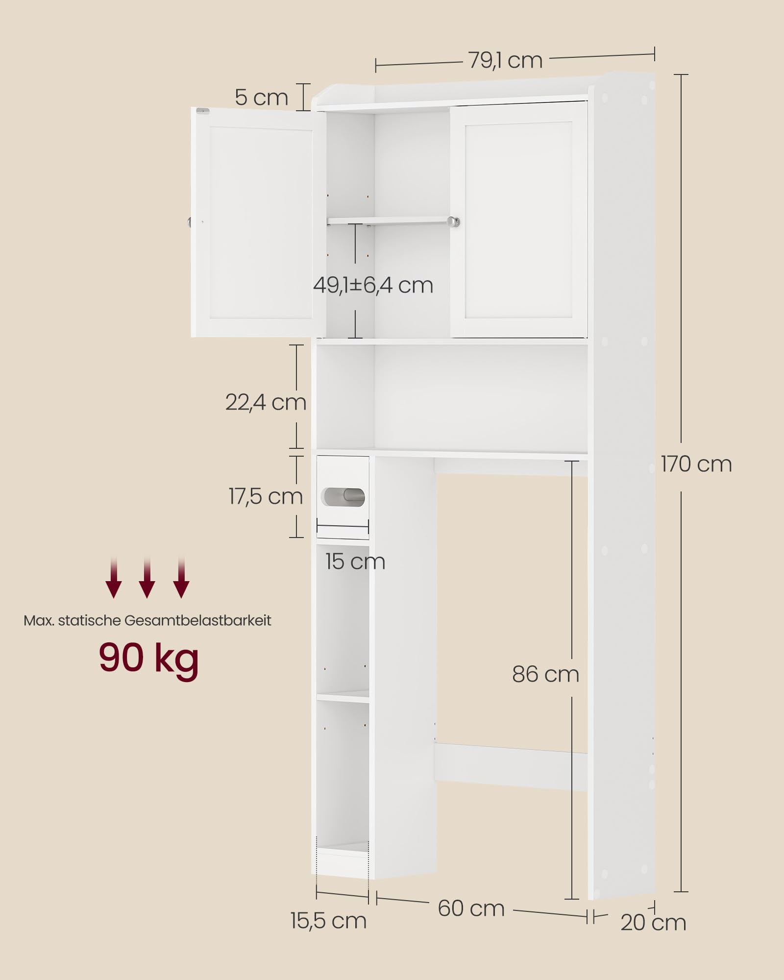VASAGLE Toilettenregal, Badezimmerregal mit Schiebetür BTS018W01V1