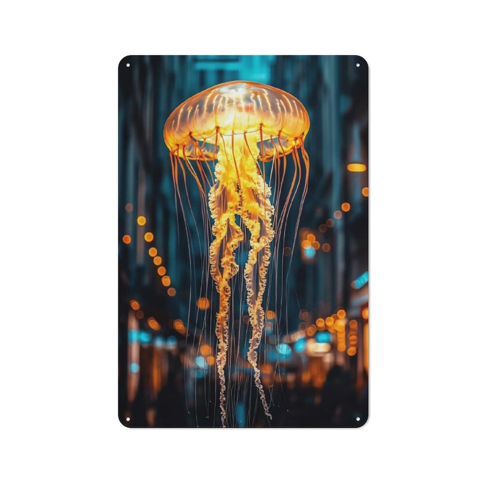 Glowing Jellyfish in Urban Nightscape Rustic Metal Sign 30x20cm for Café Or Restaurant, Suited to Café Owners And Decorators