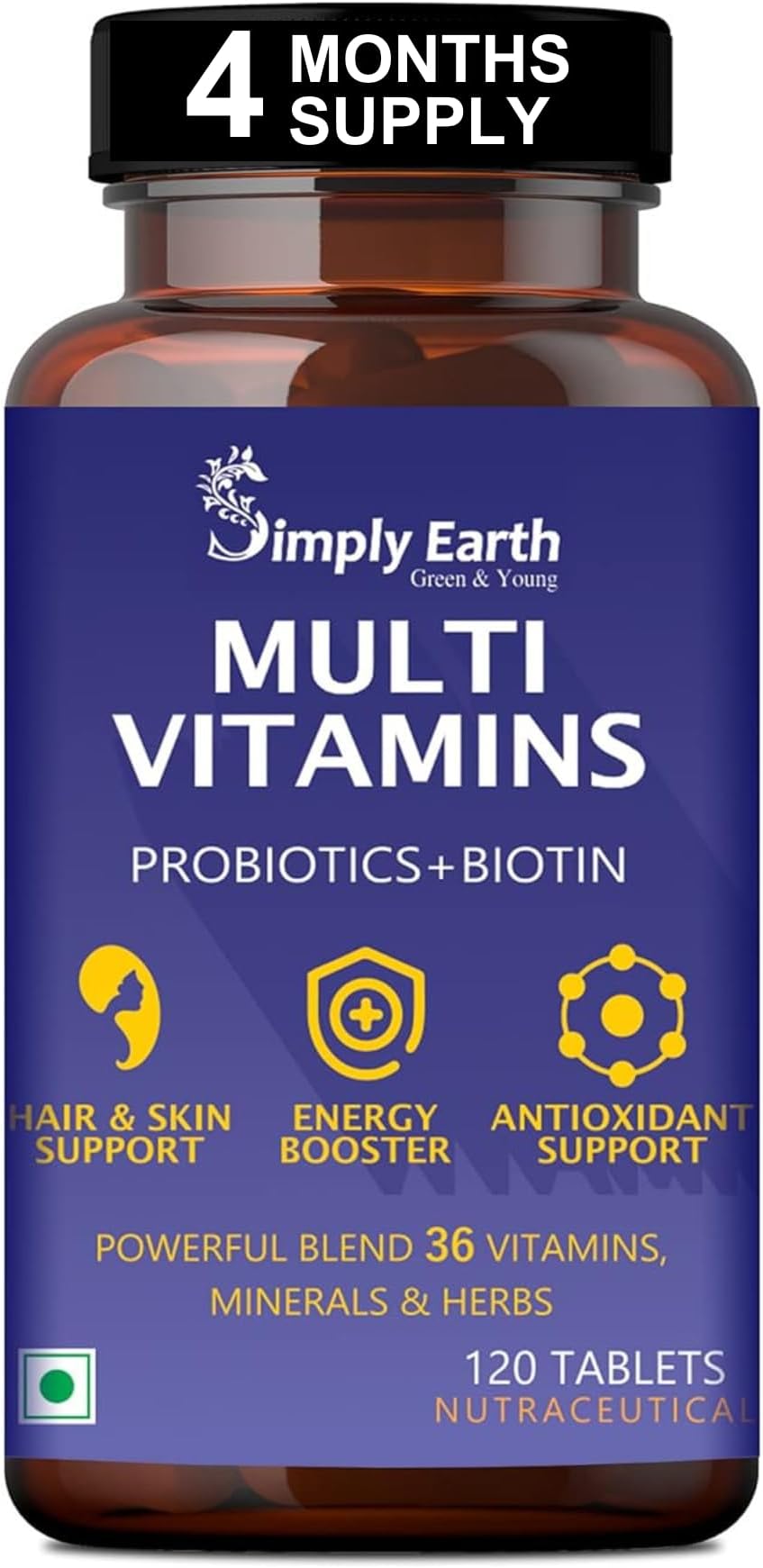 Simply Earth Multivitamin For Men & Women (120 Tablets) With 7 Vital Blends and 36 Nutrients - Probiotics Vitamin C, Zinc & Biotin