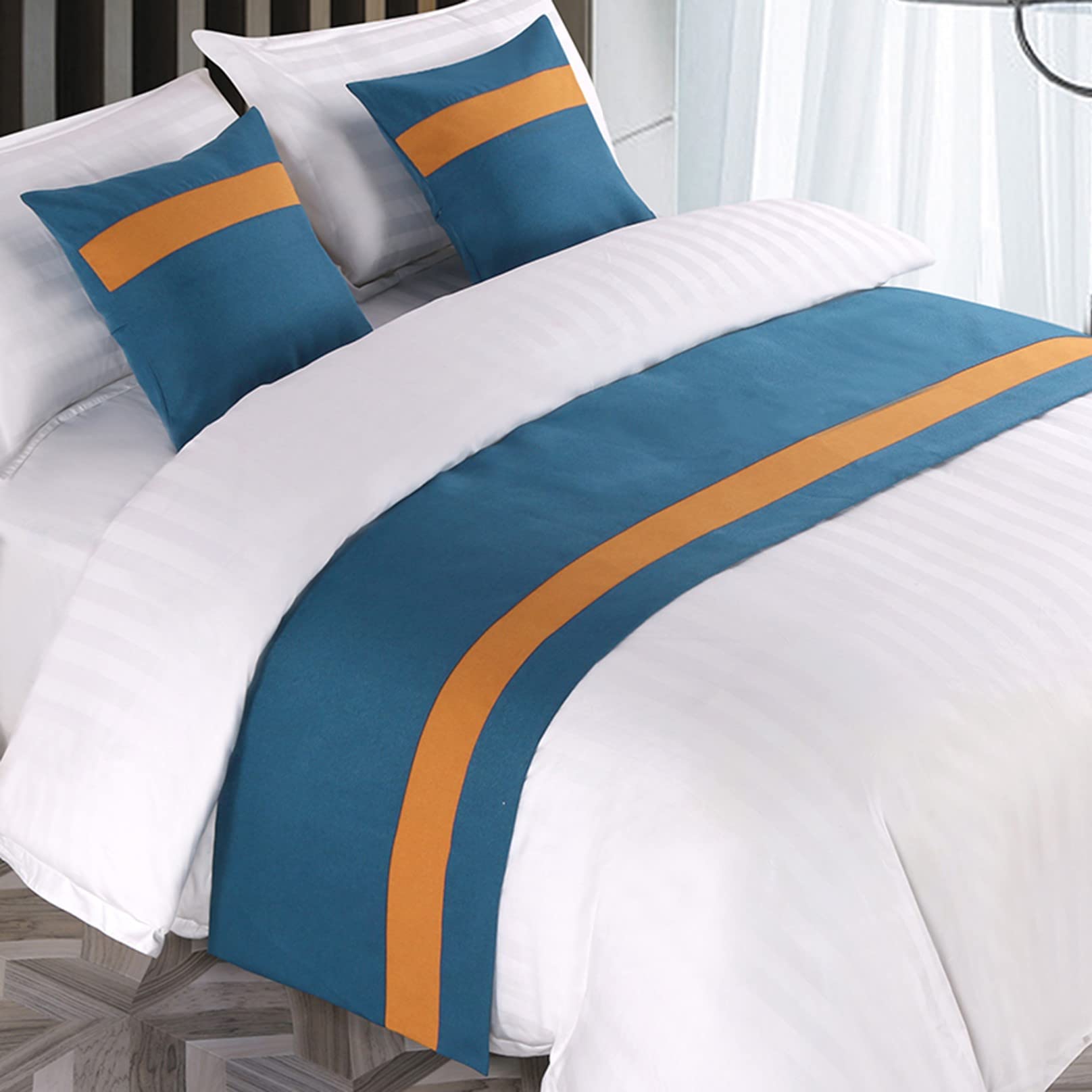 HLASMSPE Bed Runner for Foot of Bed Stripe Pattern Blue Decor Bedding Protection Cover Bed Scarf Bed End Towel Bed Mat No Fading Hotel Bedroom Wedding Room, 260x50cm