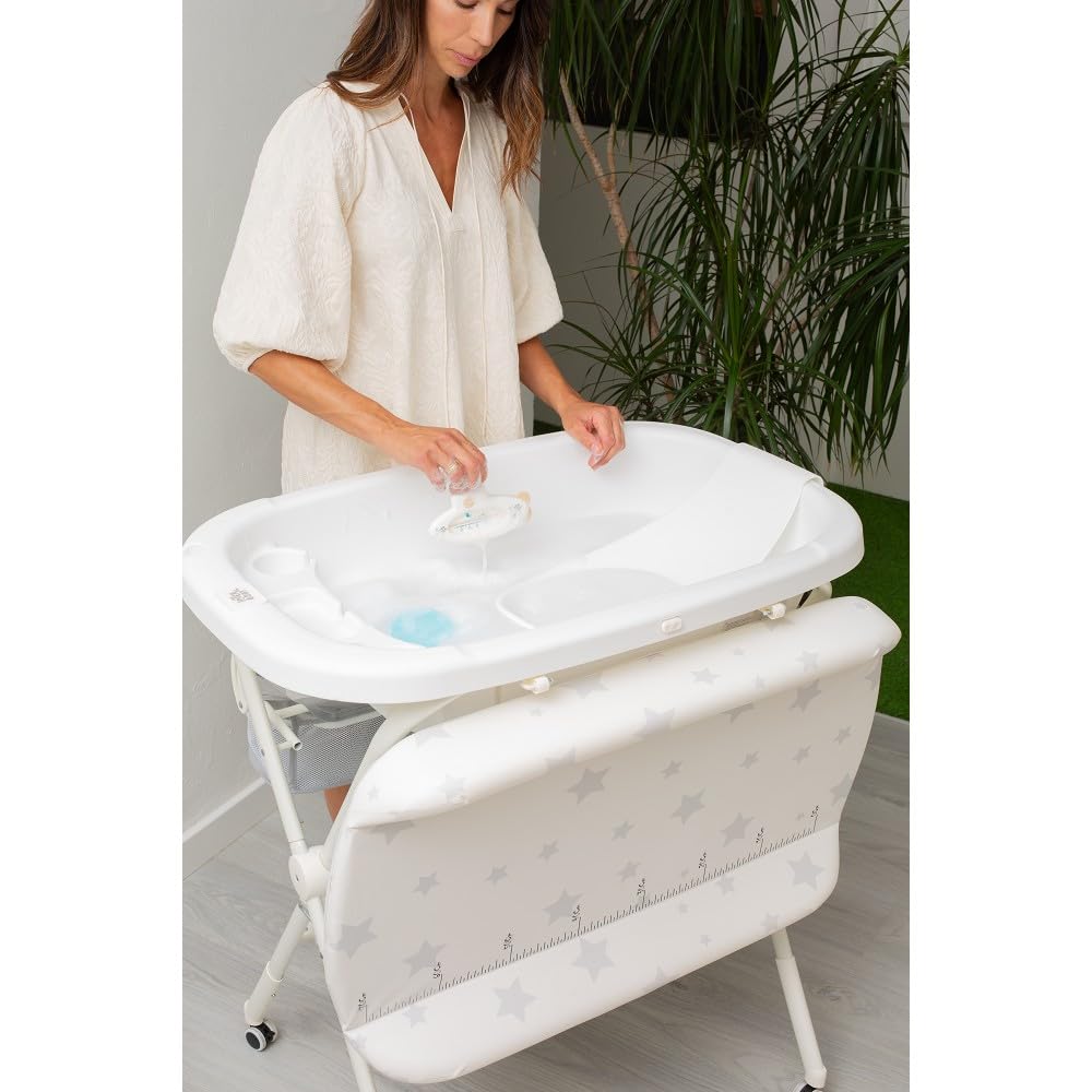 Interbaby Bañera Bebé Cambiador Plegable Patas, Ruedas, Hamaca (Dino) | Bañera con cambiador 2 en 1, hamaca anatómica extraíble, patas antideslizantes, altura ergonómica, portátil