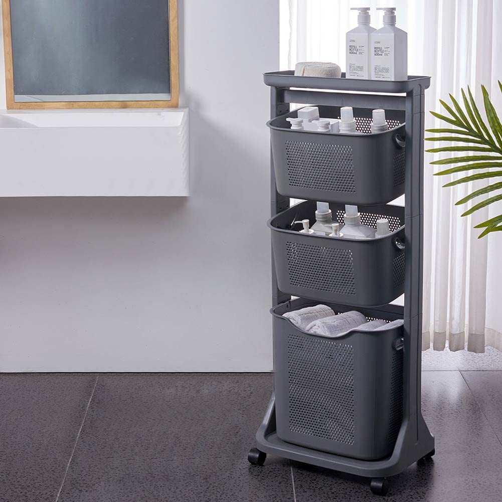 Shally Dogan Carrello Portabiancheria 3 Ripiani Multifunzione, 3 Litri di Capienza, Carrellino Salvaspazio, 1 Cesta Estraibile e 2 Cestelli Basculanti, 4 Ruote Girevoli a 360° (Grigio)