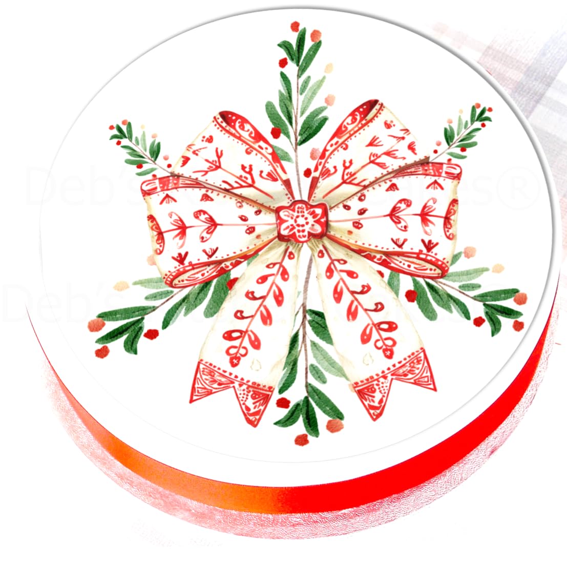 Debs Kitchen Cakes White Christmas Bow Cake Topper - Edible Wafer - Red, And Green Festive Cake Decoration - 7.5" Round