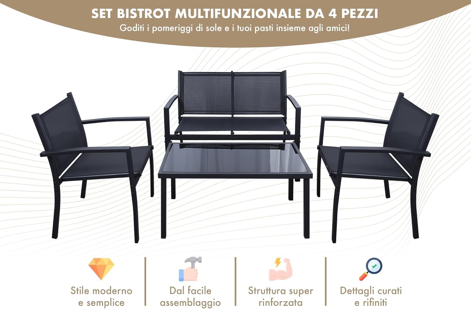 Salotto Da Esterno In Acciaio 2 Poltrone 1 Divano 1 Tavolo Giardino Esterno Con Seduta In Textilene Patio Salottino Relax Primavera Estate Mobili Estivi 4 Posti Tavolo Ripiano In Vetro - Nero