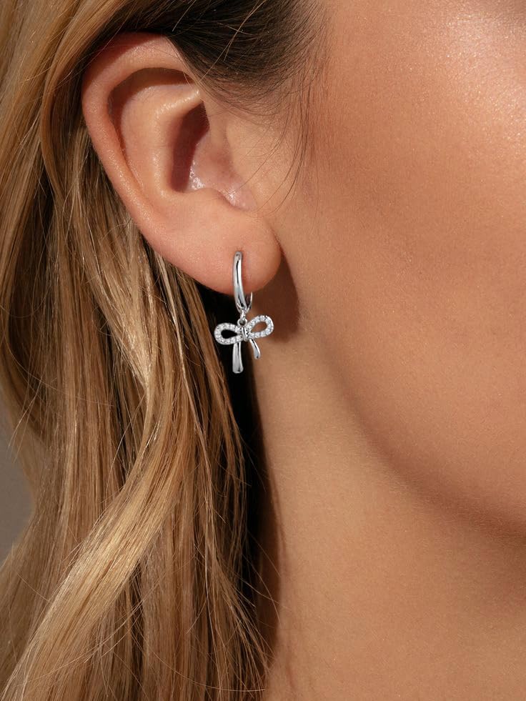 Gold Earrings for Women Trendy Bow Earrings 14K Gold/Silver Plated Hoops Simple Twist Huggie Dainty Cubic Zirconia Jewelry Cute Pearl Bow Stud Earrings Minimalist Jewelry for Her3