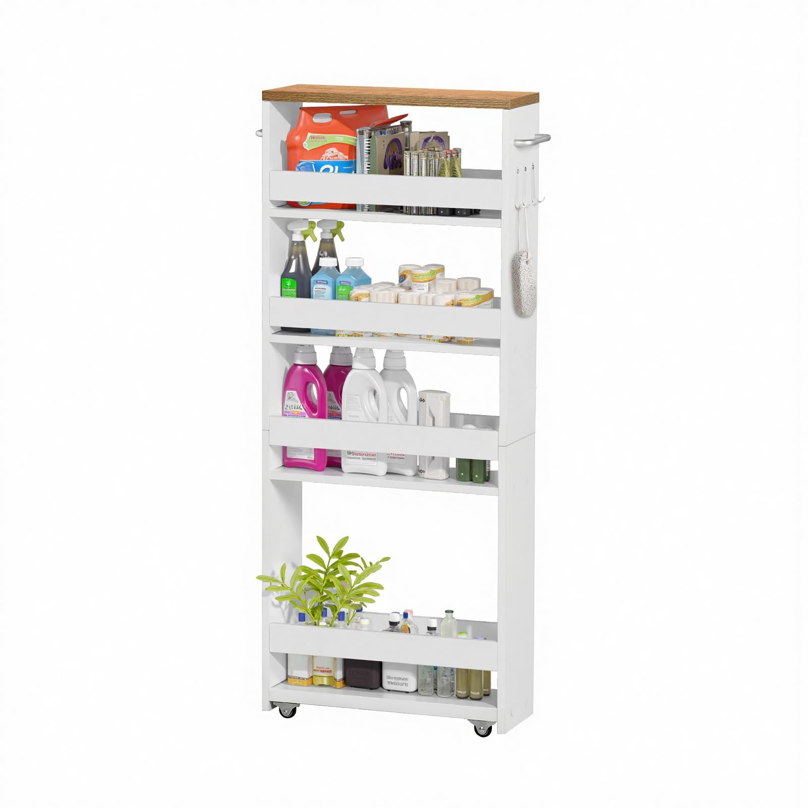 Rollwagen 5 Ebenen, Küchenwagen schmal, Nischenregal auf Rollen, Stahl, Griff, für kleine Räume, 40 x 15 x 100 cm, Küche, Bad, Wohnzimmer, Arbeitszimmer, Eichenfarben + Weiß