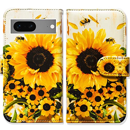 Bcov Pixel 7 Case, Sunflower Bee Flip Phone Case Wallet Cover with Card Slot Holder Kickstand for Google Pixel 7