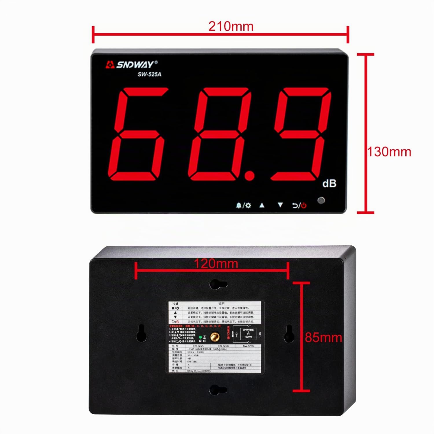 Medidor de decibelios 30 dB de 130 dB, medidor de nivel de sonido para colgar en la pared con luz de fondo, medidor de db con pantalla grande, alarma para áreas públicas/restaurantes/aulas
