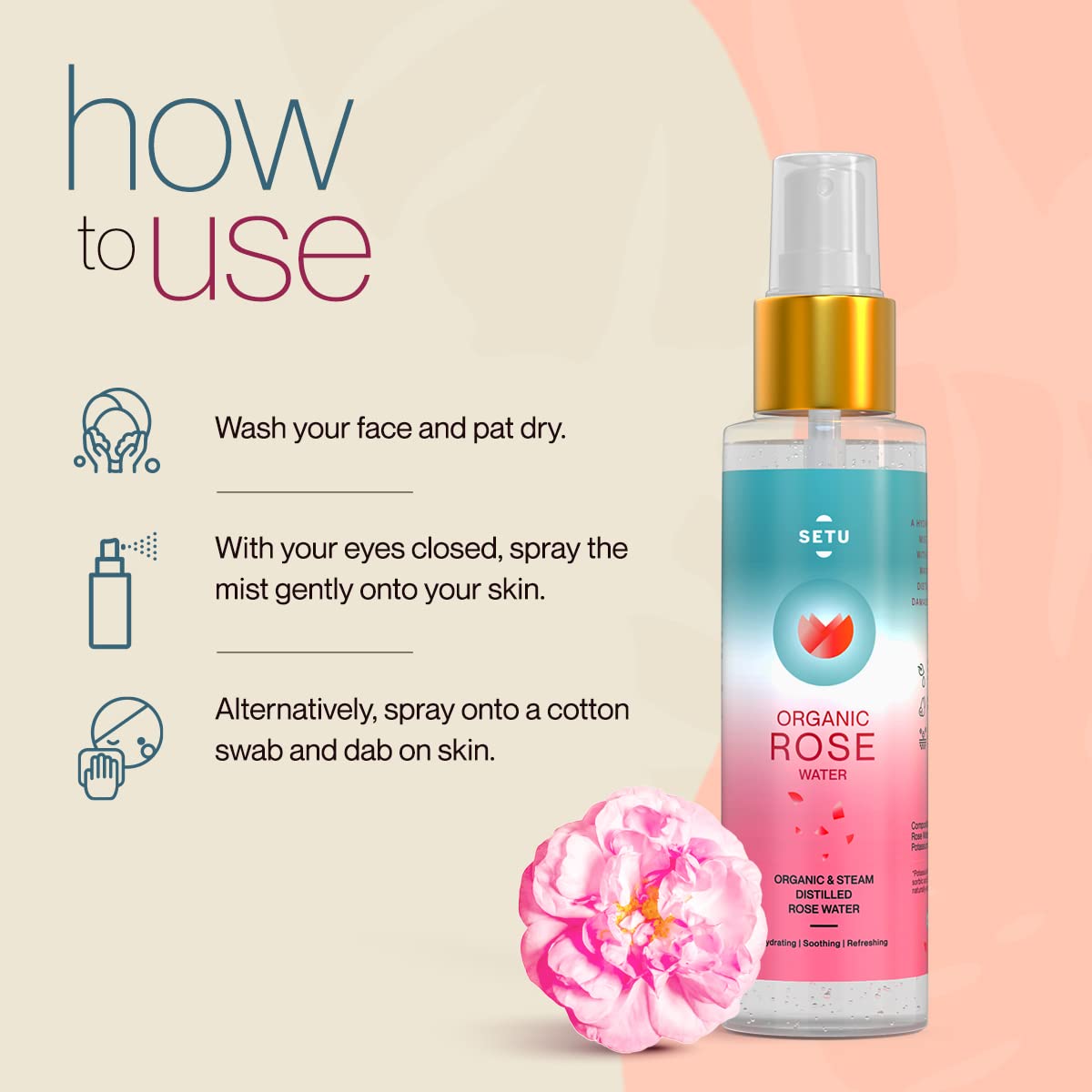 Setu Organic Rose Water/Gulab Jal Spray -100 ML(Pack of 1) |Premium Face Mist, Toner for Brighter and Hydrated Skin |Oil-Control & Makeup remover| Zero alcochol, Paraben free and No artificial flavor - Image 5 thumbnail