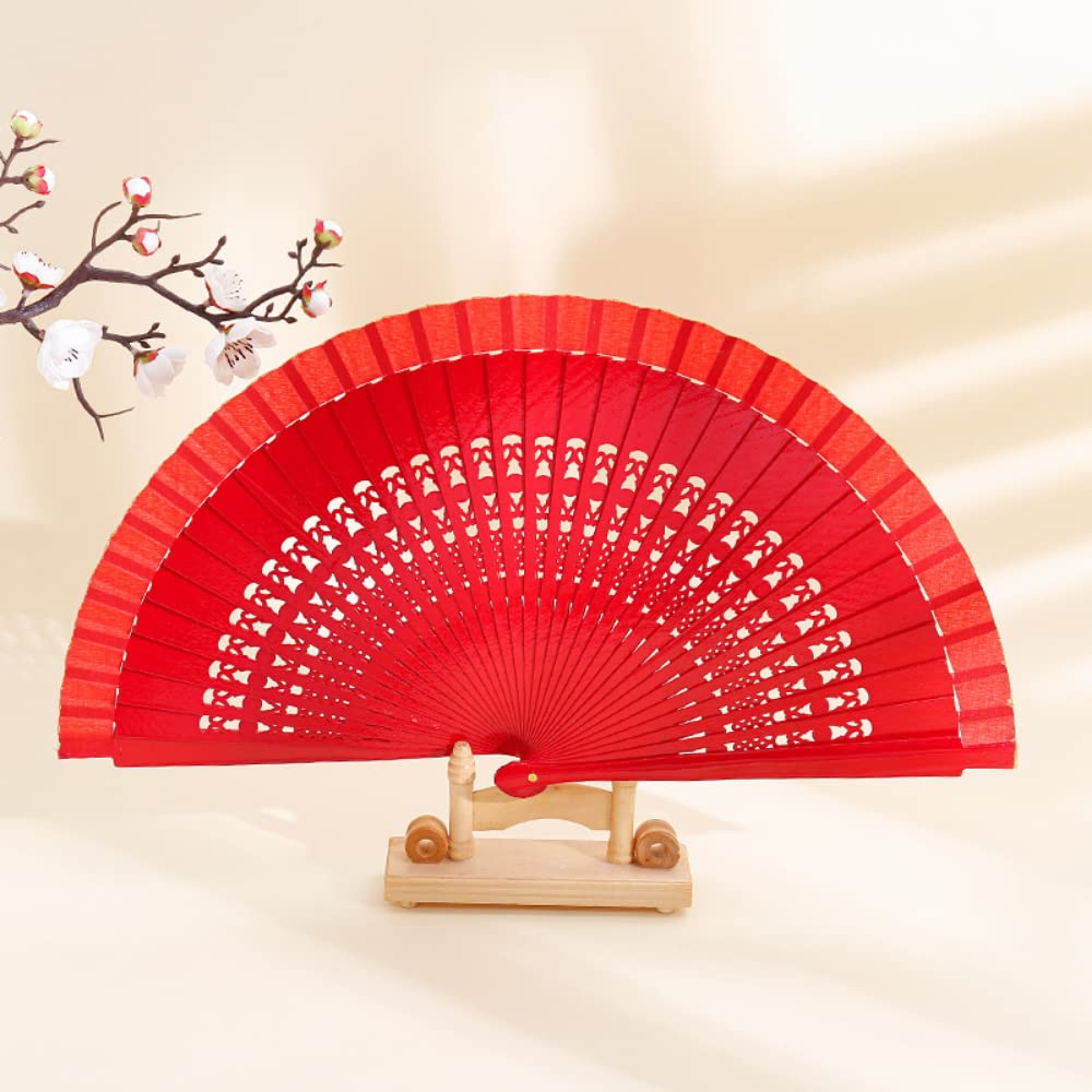 Éventail à main en bois de santal rouge au design creux ajouré pour une élégance intemporelle
