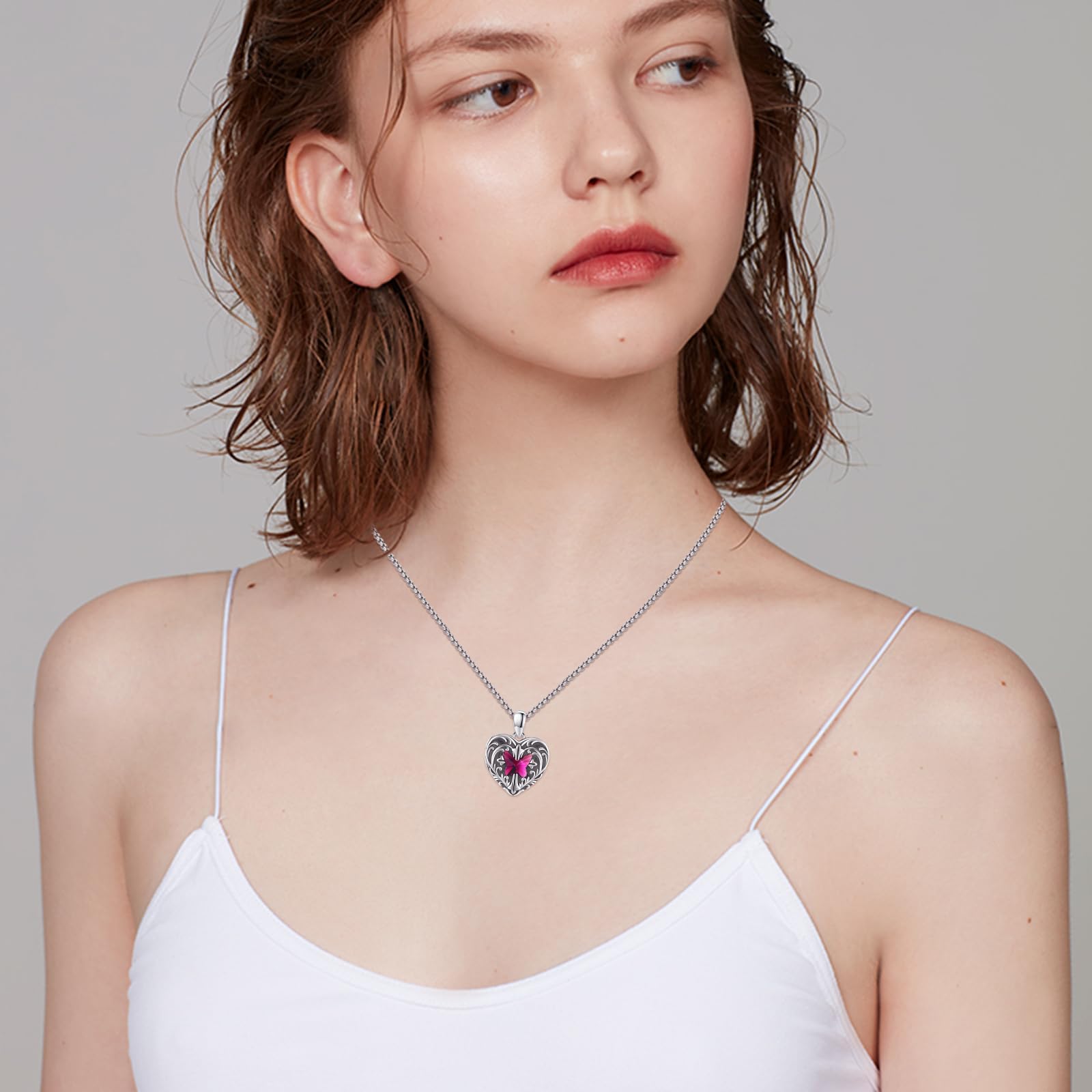 REDSUN Collar con medallón de corazón de plata de ley 925 con colgante de mariposa y foto de cristal azul/rosa/rosa rojo amuleto para mujeres fotos colgantes personalizados regalos para novia, esposa