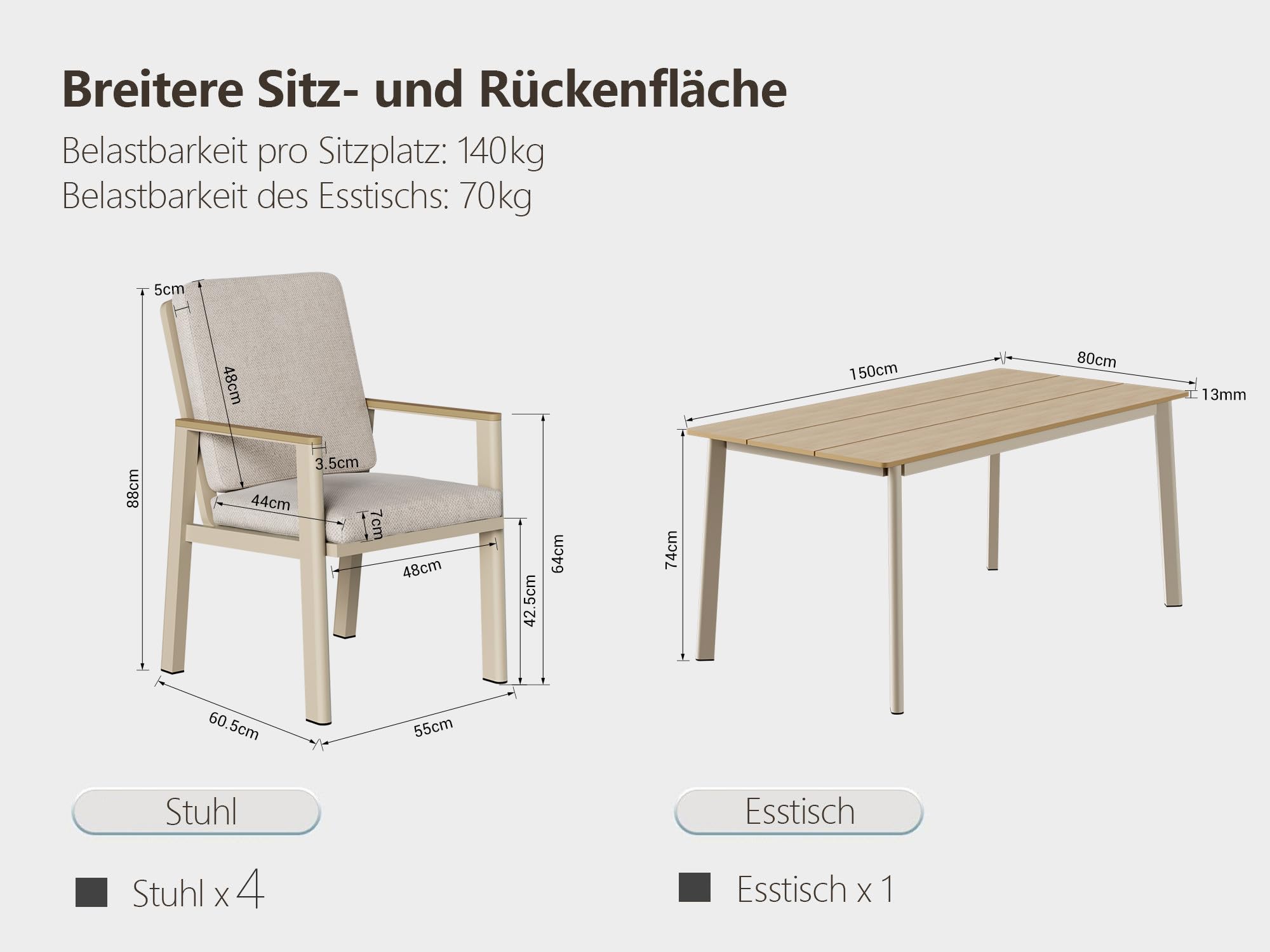 LANOX Aluminium Gartenmöbel Set mit Tisch und 4 Stühlen | Wetterfest & rostfrei, Tisch 150x80cm, Tischplatte in Holzoptik, inklusive 22D Schaumstoffpolster, für Terrasse & Garten