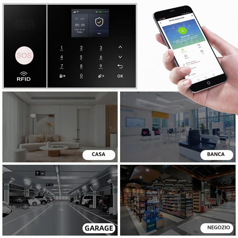 XNY Allarme Casa Wifi, Antifurto Casa wireless, Kit Allarme Casa Senza Fili 4G con APP Alert, Rilevatore di Movimento, Sensore Finestra Porta, Telecomando, Sirena (PG-108-4G-F)