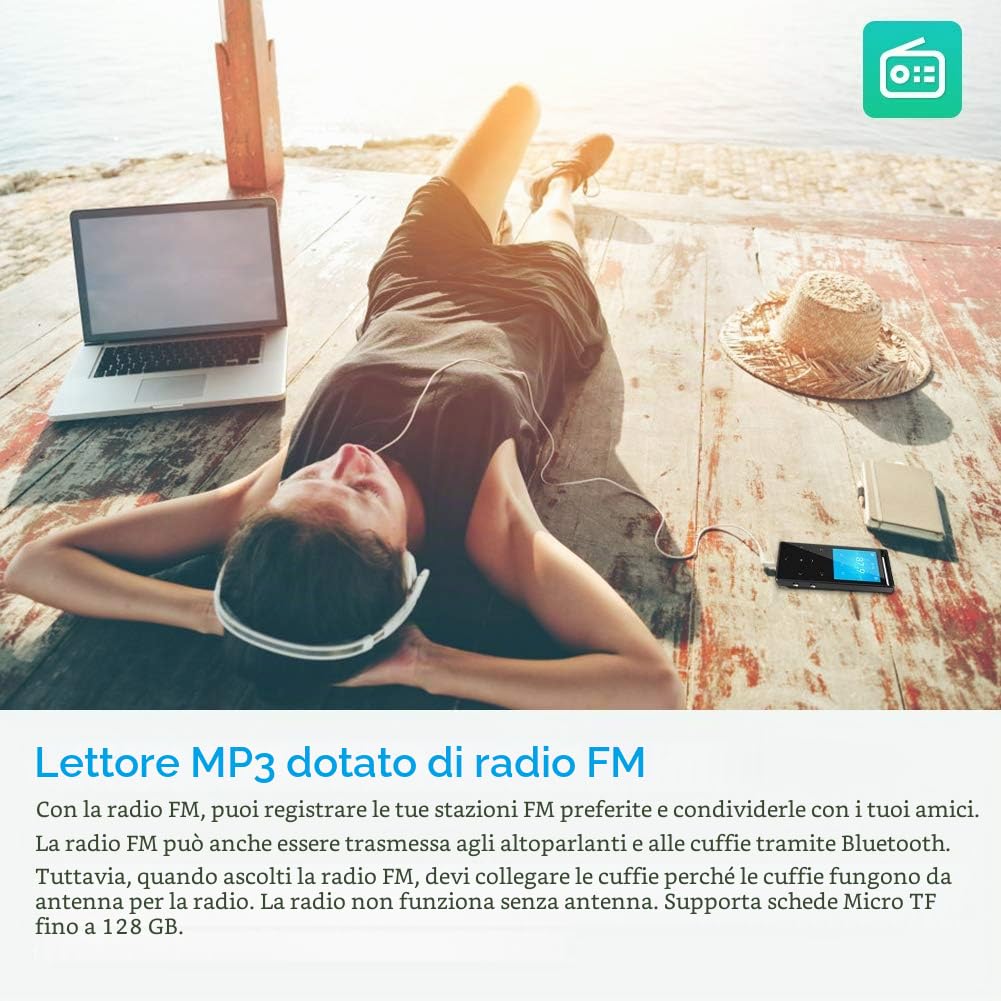 lettore MP3 Bluetooth,64GB con fascia da braccio sportiva,radio FM e registrazione,HIFI,scocca in metallo,nero opaco