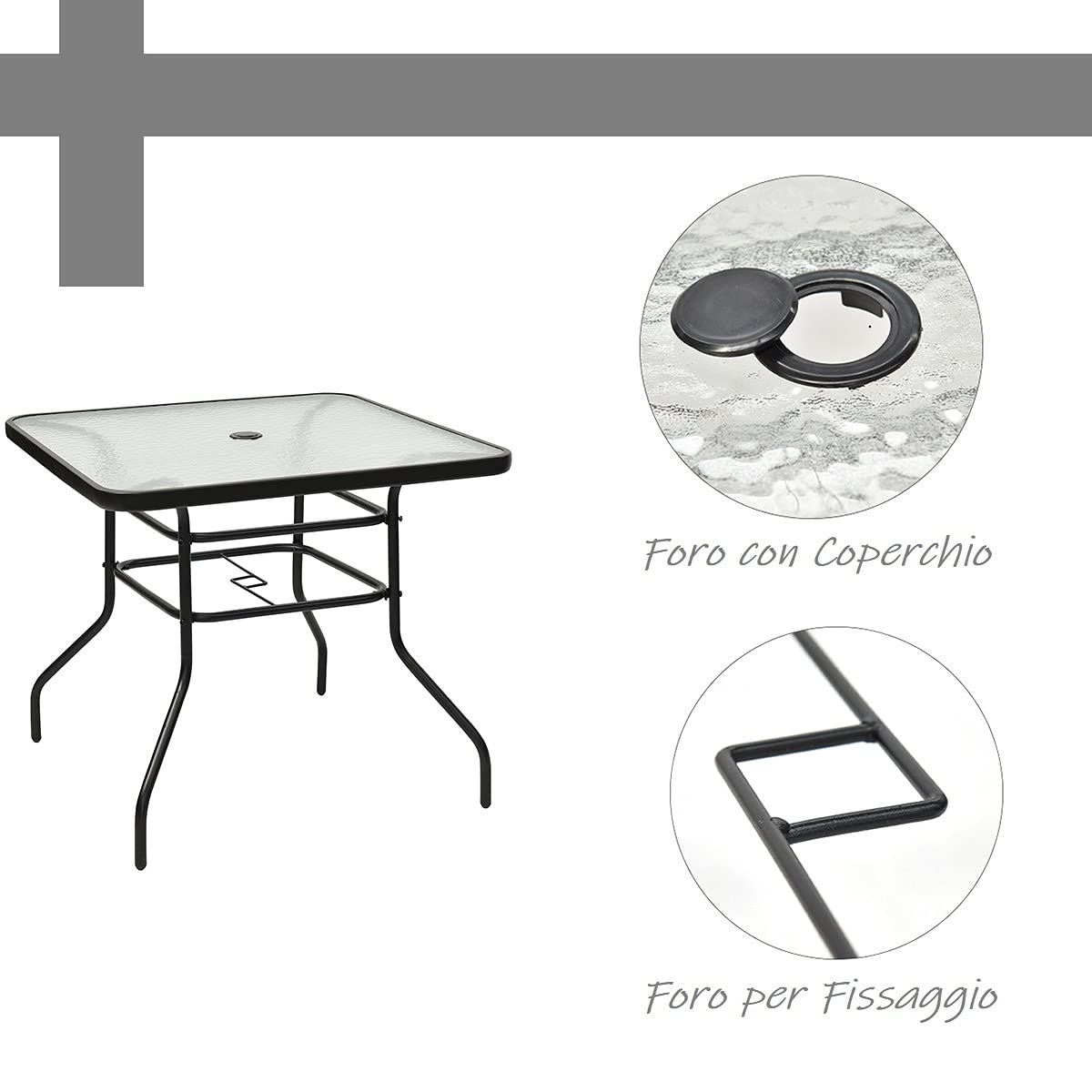 GYMAX Tavolino da Giardino in Metallo e Vetro Temperato, Tavolino da Esterno Elegante con Foro per Ombrellone, Ideale per Terrazzo, Cortile e Bar (80 x 80 x 72cm)
