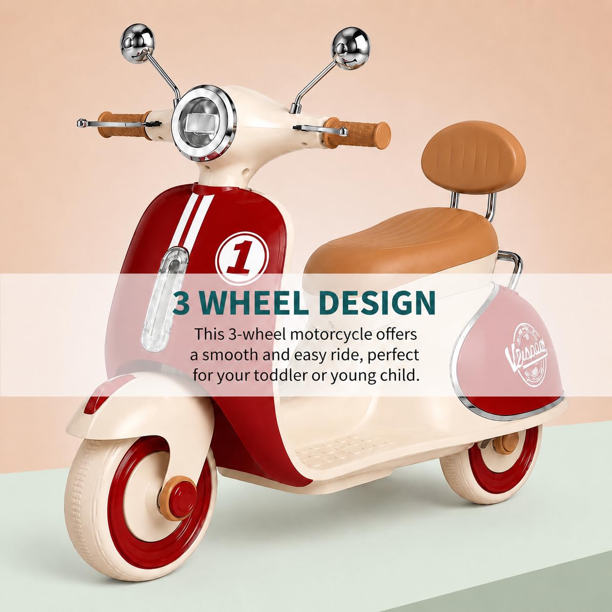 kidsROAR Electric Bike for Kids, Battery Operated Vintage Scooter for Girls and Boys with Music Wide Seat, Safe Bike for Kid, Ages 2-6 Years, Stylish & Fun Design SR-6188 (Maroon) 2