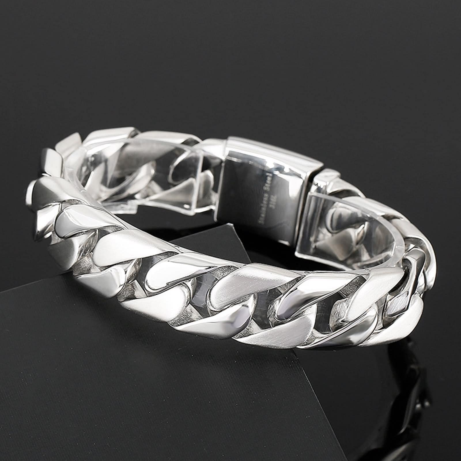 Gioielli gourmette da uomo, regali giovani, catena cubana, argento liscio/spazzolato, acciaio inossidabile, 220 x 17 mm