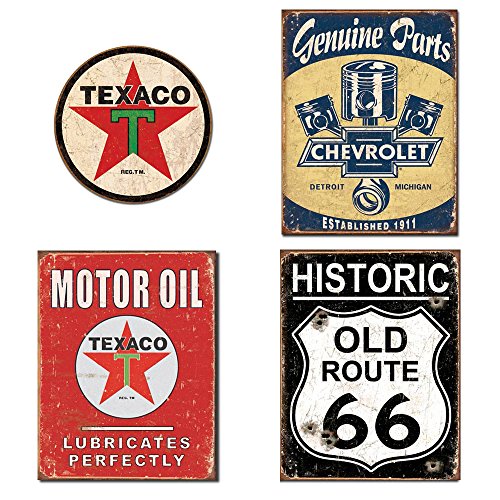 DE Sign Metal Signs for Garage Bundle - Texaco Logo Round, Chevrolet Genuine Parts, Texaco Motor Oil, Historic Old Route 66 (reproductions)