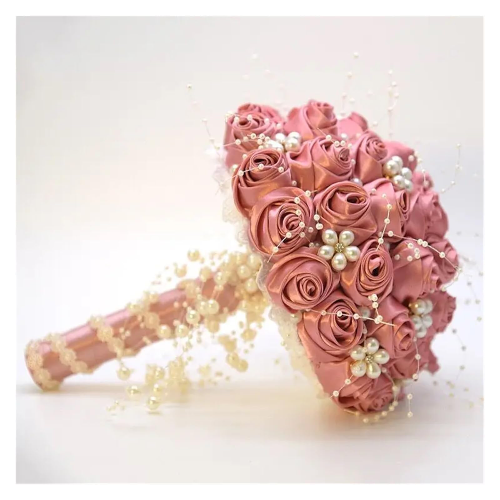 ZGCrumphant Artificial Wedding Bouquet Beautiful Artificial Rose Ribbon Flowers Pearls Beaded Bridal Bouquet Bridesmaid Wedding Bouquets(Pink1)