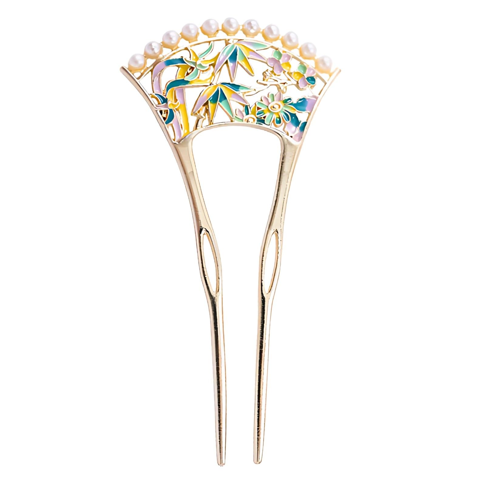 Japanese U-Shaped Hair Comb Kanzashi Metal Openwork Pearl Gold Kimono