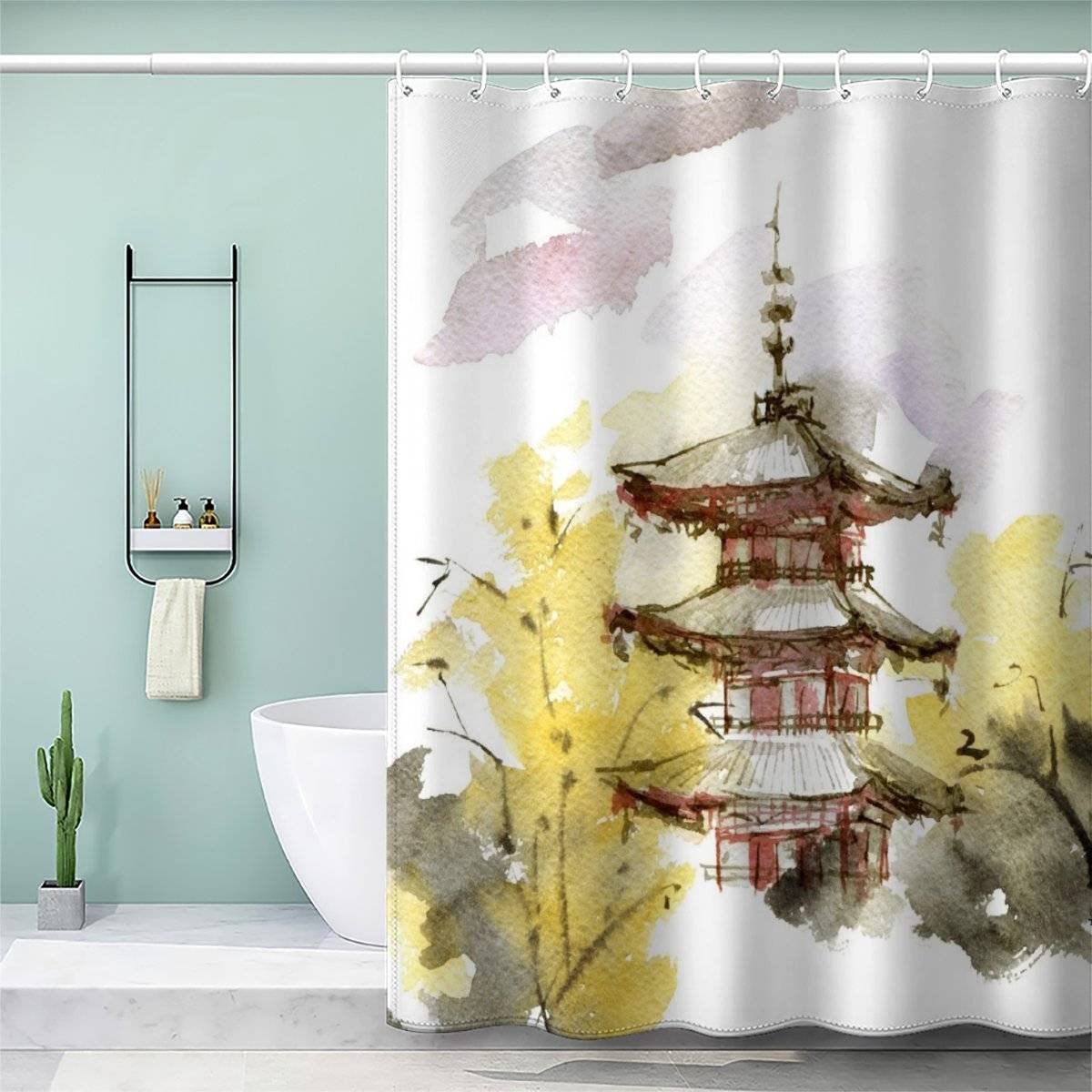 AOLIGL Shower Curtain 200x220 Extra Long Shower Curtains 220 Drop, Japanese Style Shower Curtain Personalised Shower Curtain Polyester Fabric Japanese Landscape Ink Art Bathroom Curtains Long
