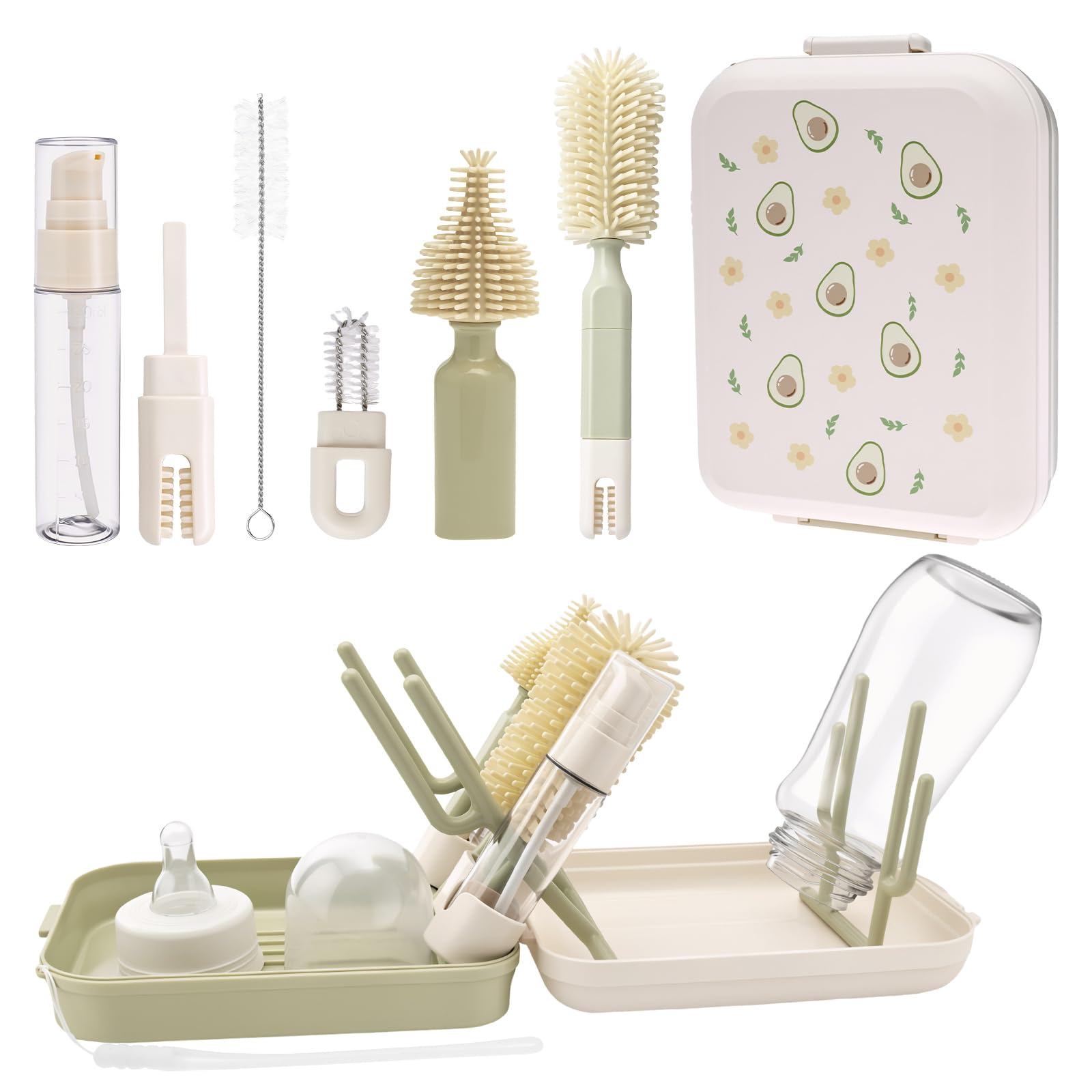 Shaojian Green Travel Baby Bottle Brush Set, 6-In-1 Portable Silicone Bottle Cleaning Kit With Built-In Drying Rack, Storage Case And 360° Cleaner Brush For Feeding Bottles/Teats/Straws/Cup Rim Crevice(Green)