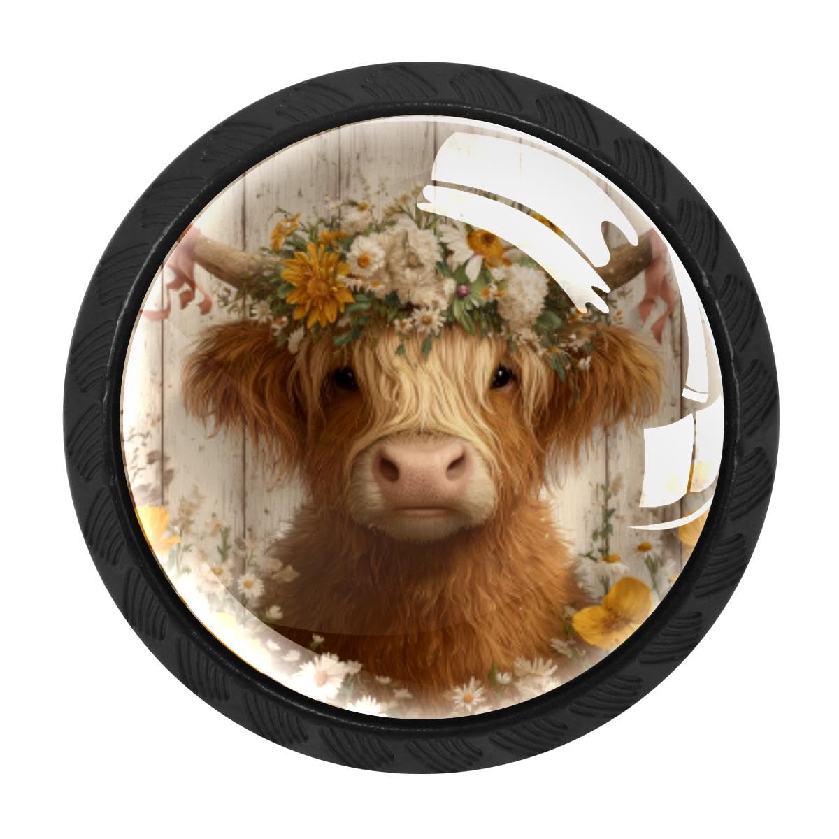 HEOEH 4 PCS Cabinet Knobs, Highland Cow Flower Drawer Knobs Dresser Handles