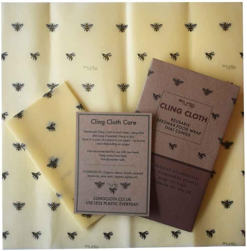Nth Turtle Cling Cloth Beeswax Food Wrap, Large pack - All Natural Reusable Food Wrap Made In the UK - 2 wraps 33cmx33cm wraps (Large, Classic Bees)