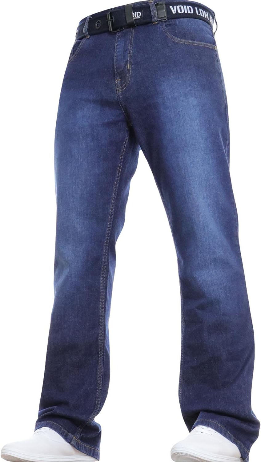 Men's Wide Leg Bootcut Flared Blue Heavy Denim Jeans with Belt