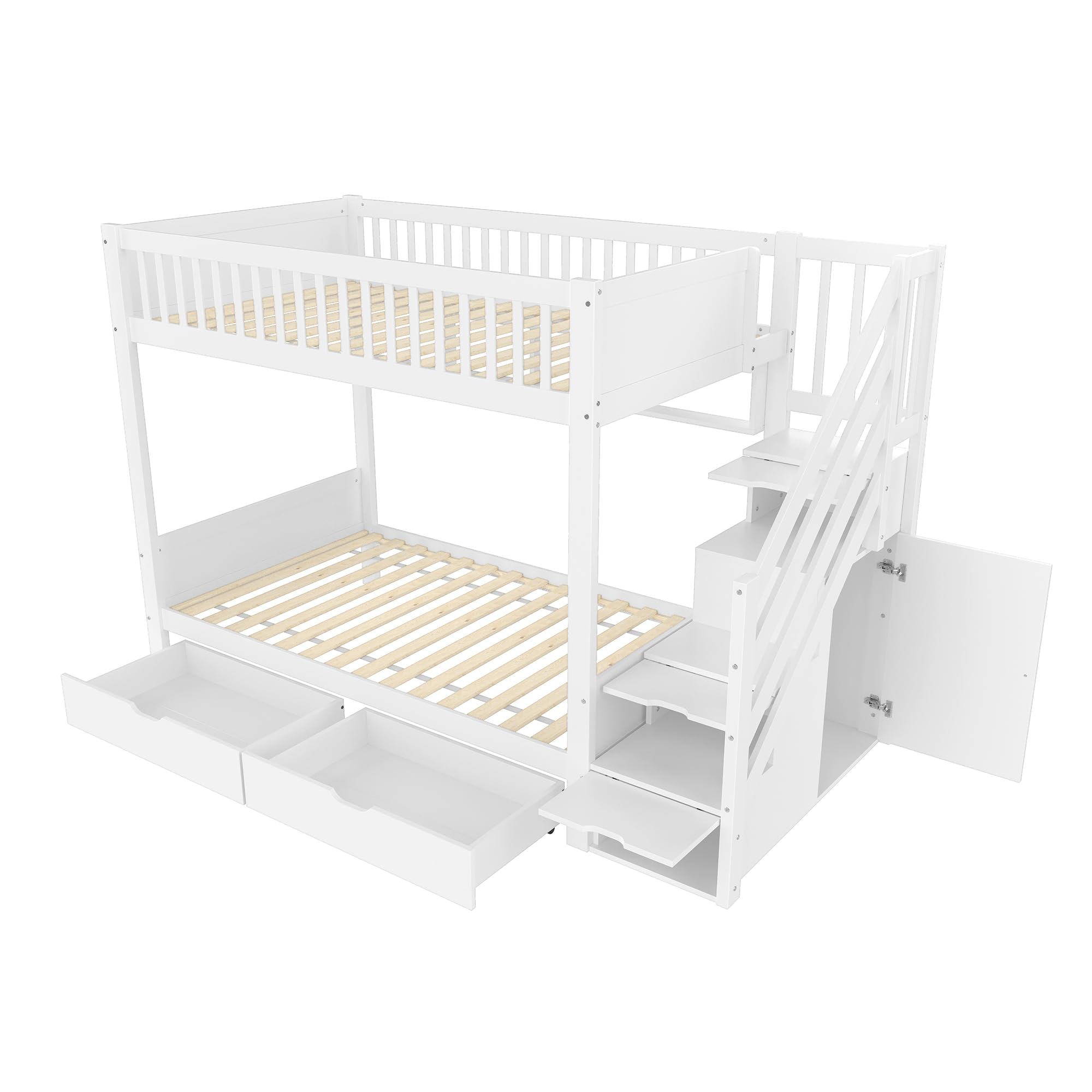 Letto a castello per 2 bambini, 90 x 200 cm, con scale, letto a soppalco con armadietti e protezione dalle cadute, con cassetto e scaffale, letti per ragazzi e ragazze, senza materasso (bianco