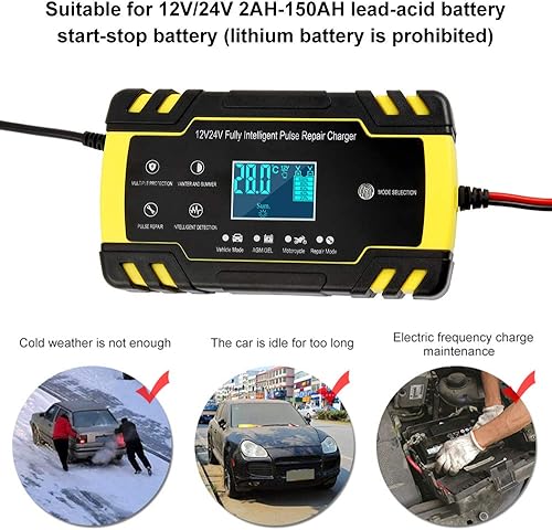Miniatura 6 de Cargador de batería inteligente automático de 12 V/24 V | Cargador de reparación de pulsos con pantalla LCD | Modo inteligente Protección contra