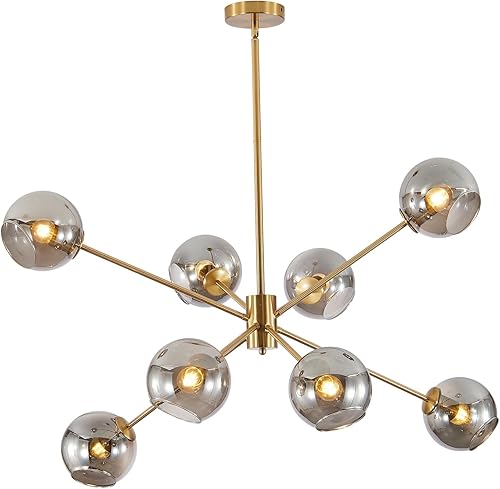 BOKT Lámpara de araña moderna vintage Sputnik de cristal gris ahumado dorado, lámpara colgante grande de 8 luces de mediados de siglo latón