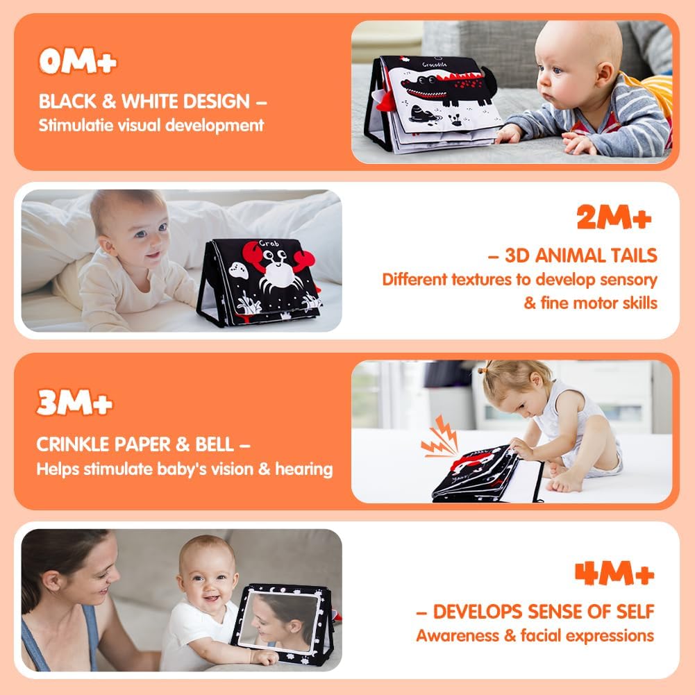 Tummy Time Mirror with Black and White Soft Book for Newborn 0-6-12 Months | High Contrast Baby Toys with Mirror, Tummy Time Toys Baby Shower Sensory Toys | 3D Textured Tails Crinkle Pages Crinkle Books