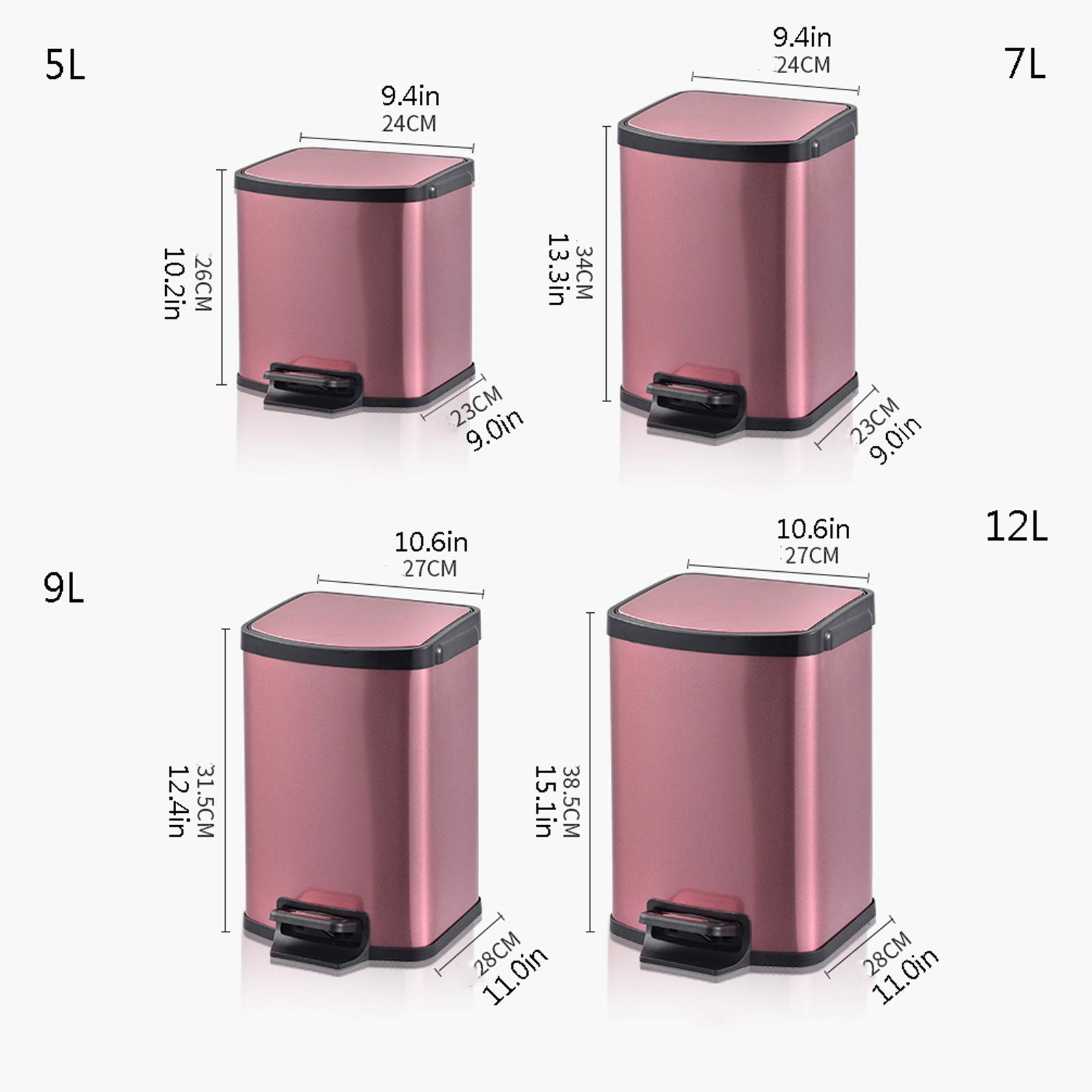 Papelera De Interior Moderna Y Sencilla De Acero Inoxidable, con Pedal, Plegable Y Creativa, Color Oro Rosa, 7 L.