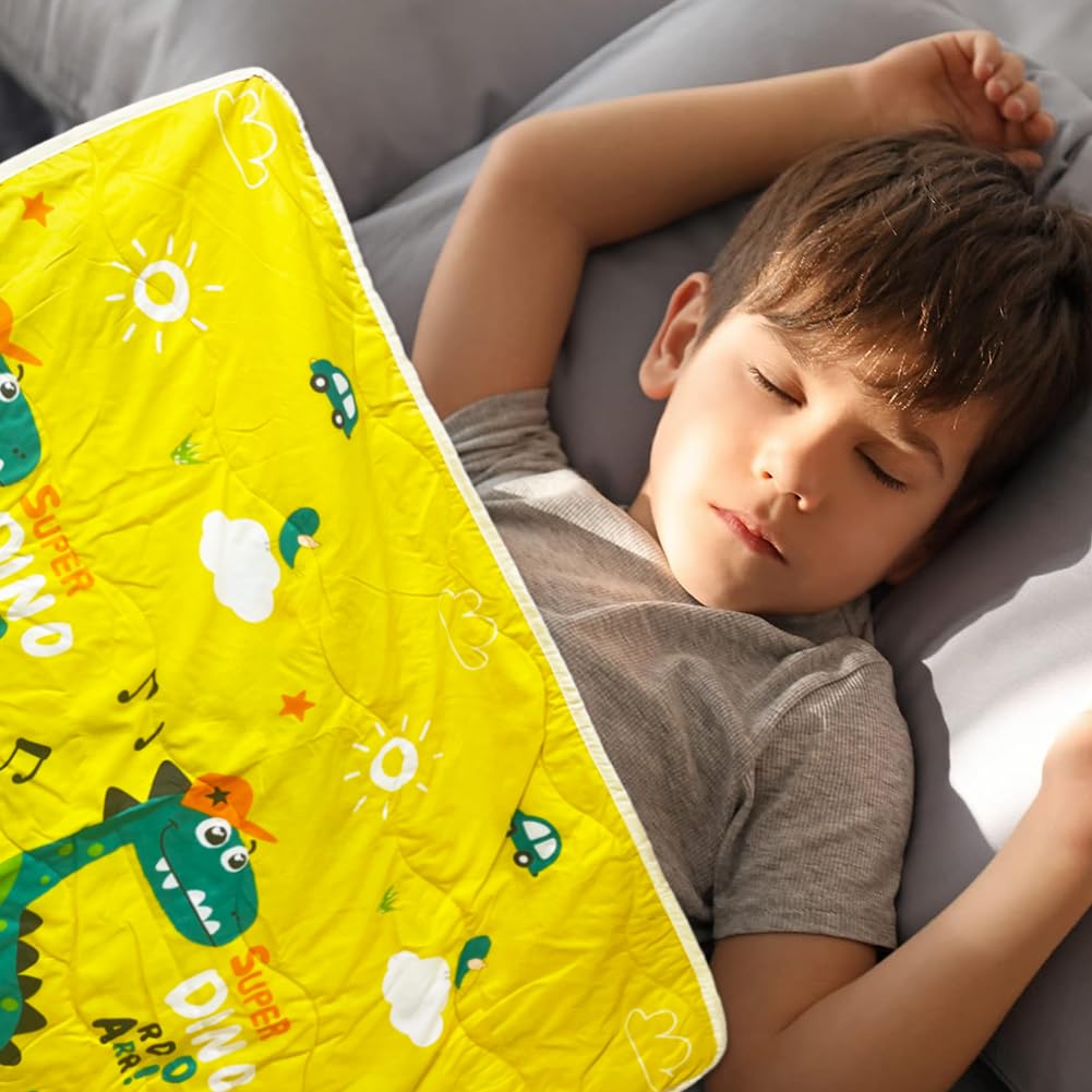 Trapunta estiva per bambini, con aria condizionata, coperta rinfrescante dinosauri gialli, morbida, 110 x 150 cm